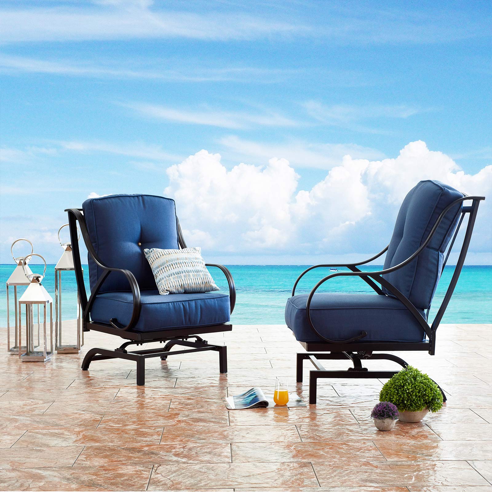 Festival Depot 2-Piece Metal Patio Armchair Set with Thick Cushions - Outdoor Bistro Furniture for Deck, Garden & Backyard (Blue) - Perfect for Relaxing, Entertaining & Outdoor Dining