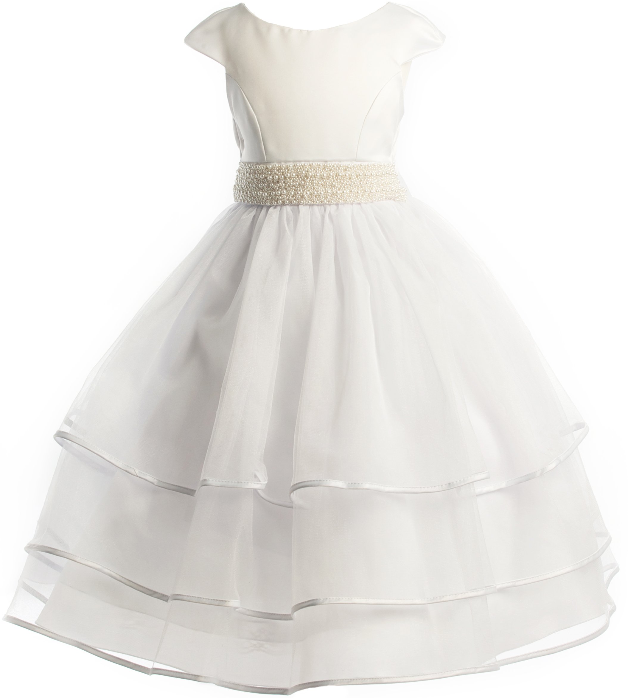 White or Ivory Beaded Waist Holiday Communion Flower Girl Pageant Long Dress - Perfect for Weddings, Baptisms, First Communion & Special Occasions