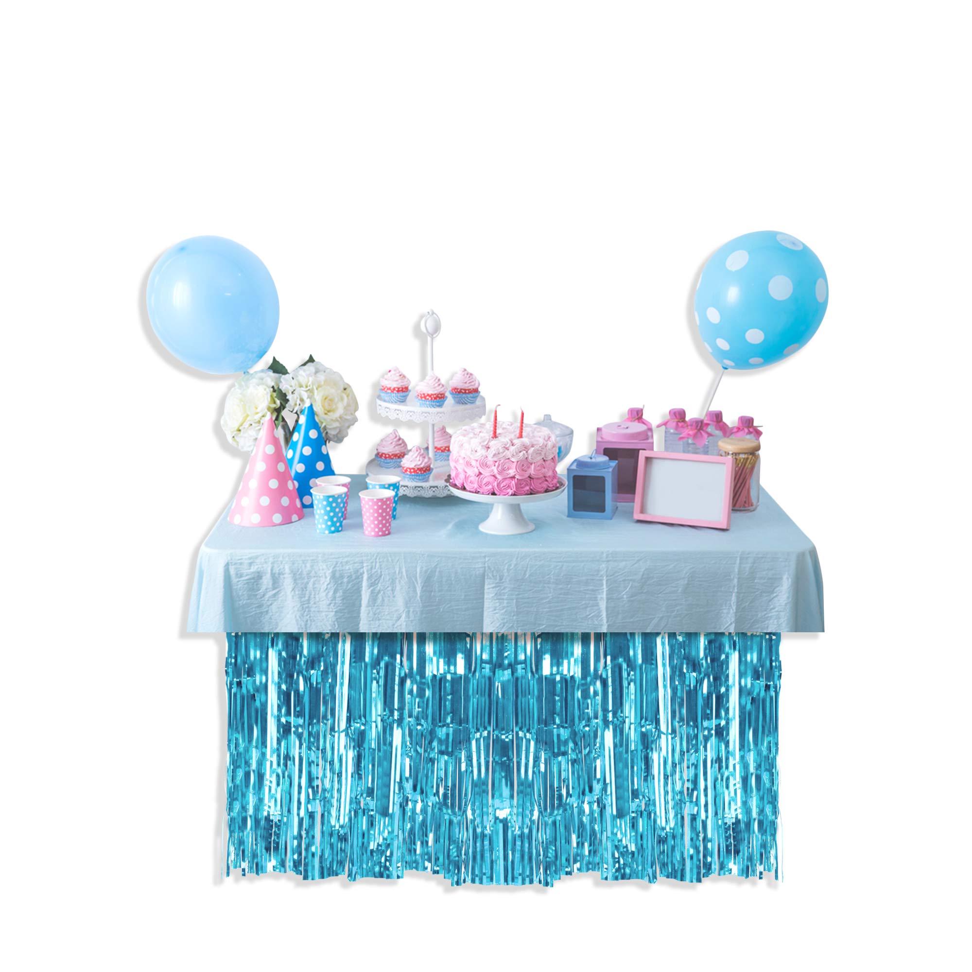 Solid Metallic Light Blue Table Skirt - Pack of 2 Shiny Table Fringe for Tropical Luau, Shark Birthday, Graduation, Under The Sea Wedding, Baby Shower & New Year's Eve Party Decorations - Perfect for Beach Themed Events & Ocean Inspired Celebrations