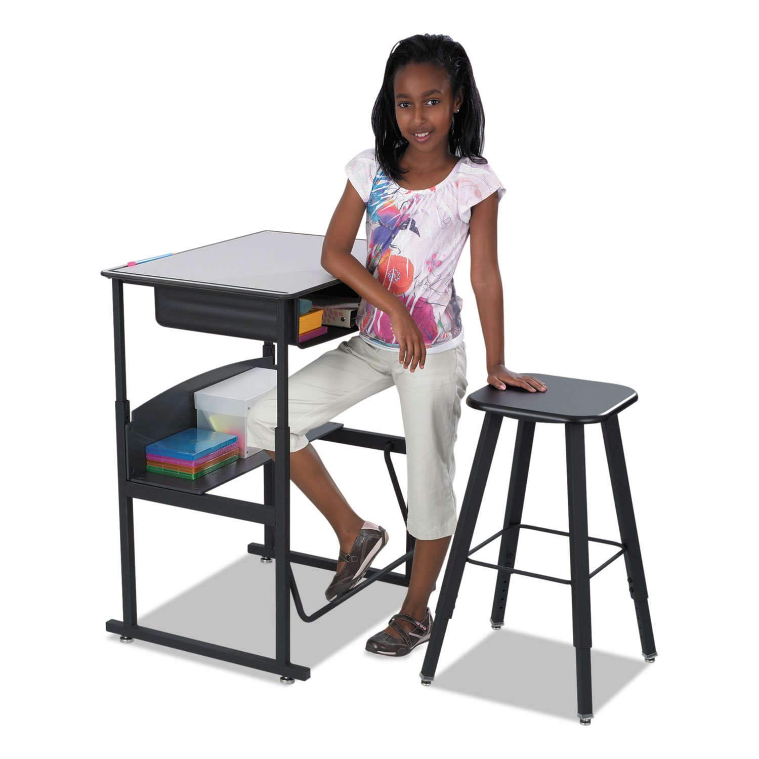 Safco Products 1205BE Black Frame Beige Seat Alphabetter Stool for Stand-Up Desk - Adjustable Height Classroom & Homeschool Chair for Kids, Teens & Adults - Perfect for Study, Work & Office Use