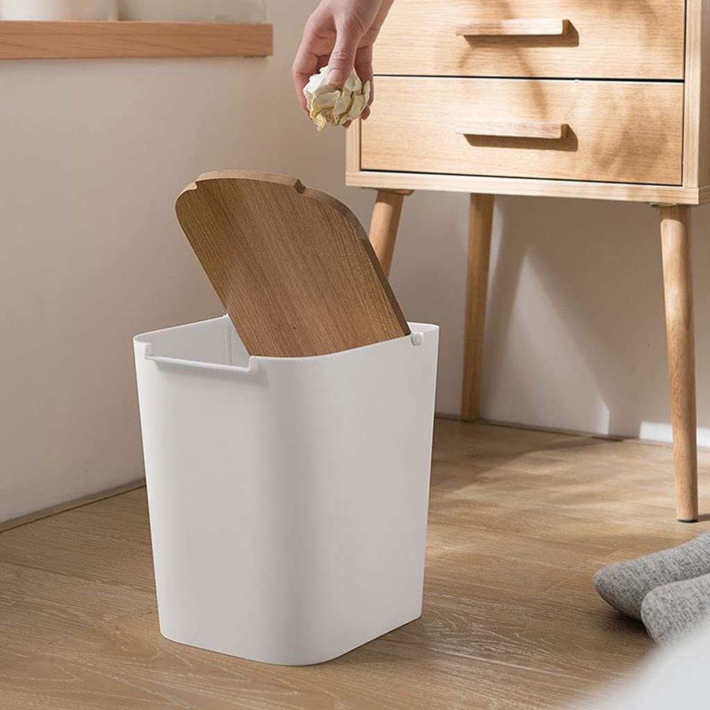 Creative Wooden Lid Trash Can for Kitchen & Bathroom - Flip Top Indoor Garbage Bin with Odor Control - White Household Waste Bin for Home, Office, Dorm Use
