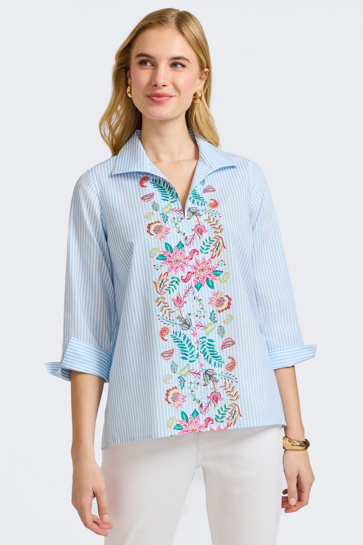 Agnes Striped Floral Print 3/4 Sleeve Popover Blouse for Women | Casual Office Wear & Spring Outfits | Comfortable and Stylish Tops for Work, Date Night, and Everyday Fashion