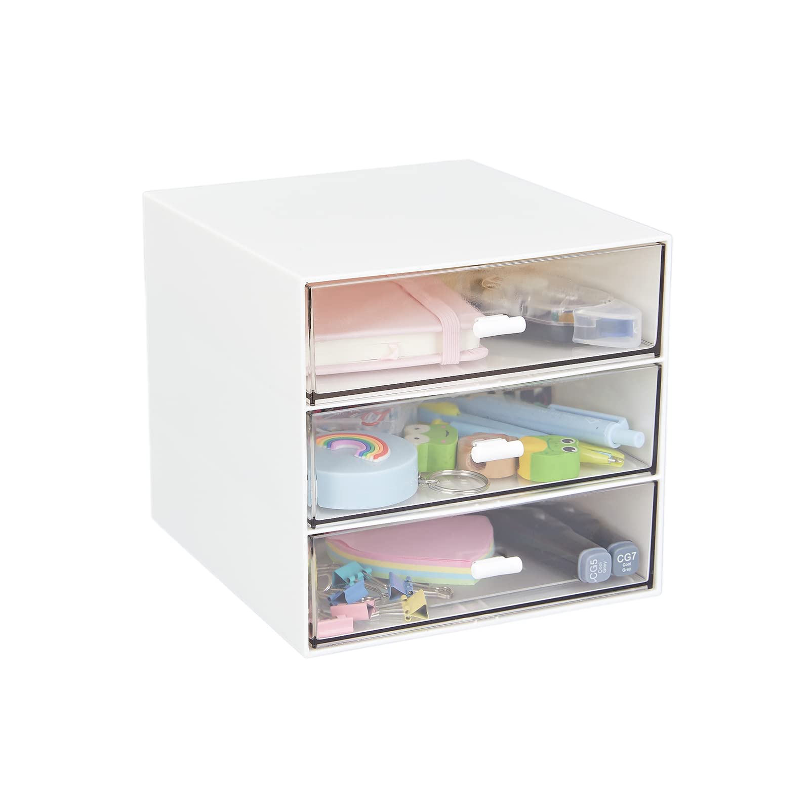 3-Drawer Clear Plastic Desk Organizer - Office Supplies Storage Box for Gel Pens, Pencils, Markers, Tape, Erasers, Paperclips & Chargers | Perfect for Home Office, School Desk & Workspace Organization (White)