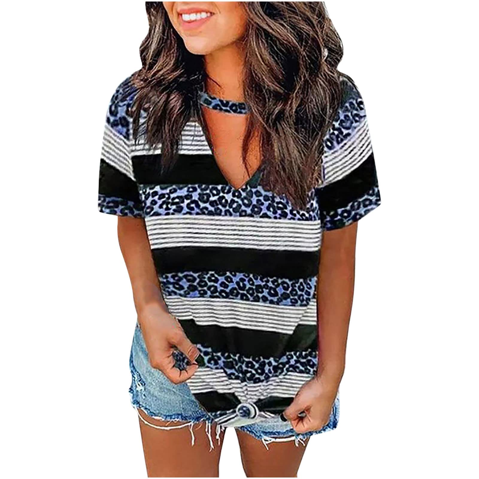 Trendy Women's Summer Tops - Short Sleeve V-Neck Tunic Blouse for Casual & Dressy Occasions | Loose Fit Printed T-Shirt | Perfect for Beach Outings, Date Nights & Weekend Wear