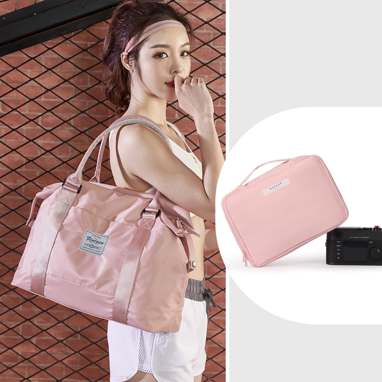 **Waterproof Travel Duffel Bag for Women - Lightweight Sports Tote Gym Bag with Wet Pocket & Detachable Toiletry Bag - Perfect for Weekend Getaways, Gym, Yoga, and Overnight Trips (Pink)**