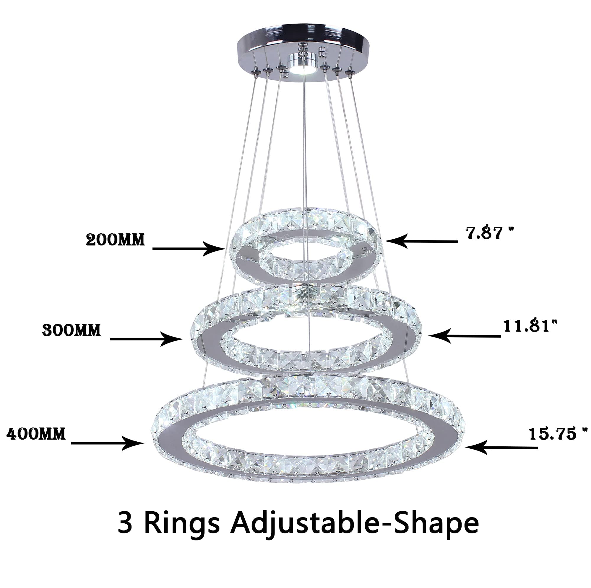 Modern 3-Tier Crystal LED Chandelier - Adjustable Round Pendant Light Fixture with Stainless Steel Frame for Dining Room, Bedroom & Living Room | Energy Efficient Cool White Lighting for Home Decor & Special Occasions