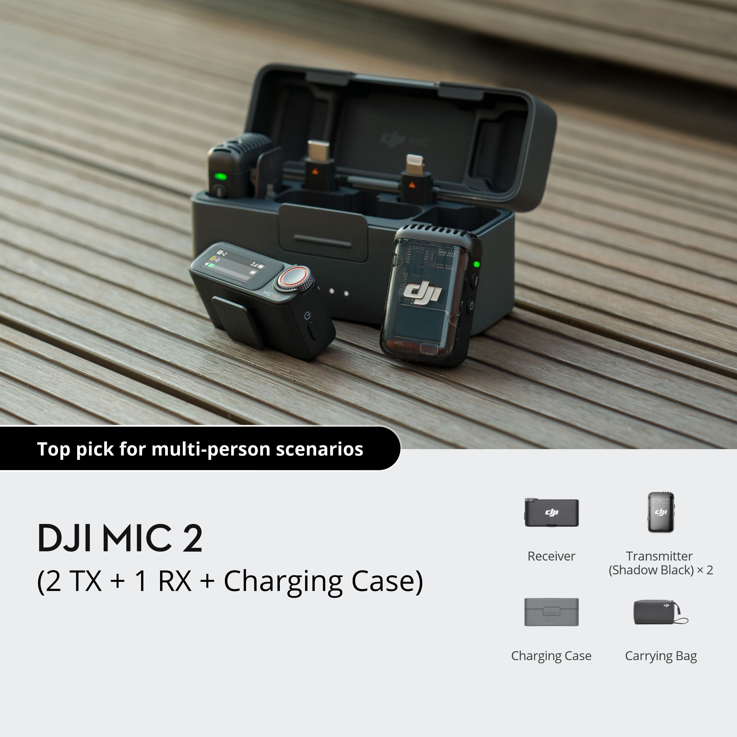 DJI Mic 2 Wireless Lavalier Microphone System - 2.4GHz Digital Wireless Mic with 2 Transmitters & 1 Receiver for Vlogging, Interviews, YouTube Videos & Content Creation