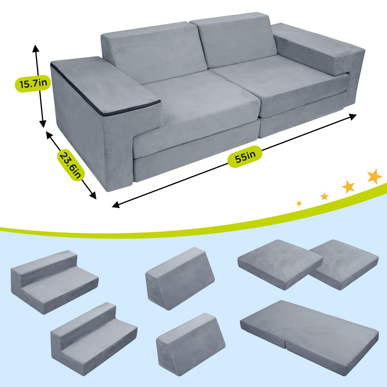 **DREAMANIA 7-Piece Modular Kids Play Couch for Toddlers & Teens – Premium Sectional Sofa for Bedroom, Playroom, Living Room – Creative Gift for Boys & Girls (Grey) – Perfect for Playtime, Lounging & Learning Activities**