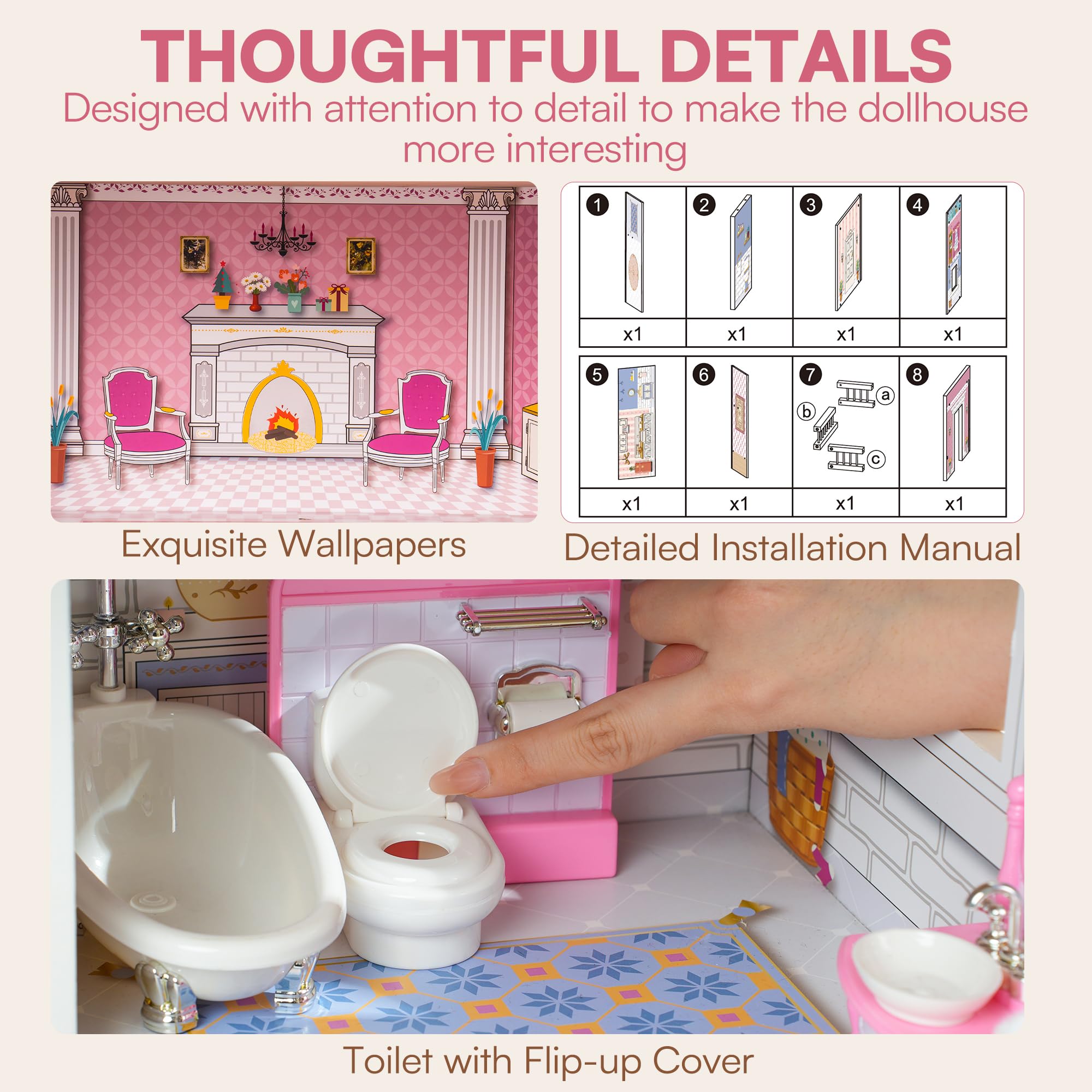 ROBUD 3-Story Wooden Dollhouse Playset with 24 PCS Furniture - 5 Room Pretend Play Toy for Kids, Toddlers & Girls | Perfect for Imaginative Play, Birthday Gifts & Early Childhood Development