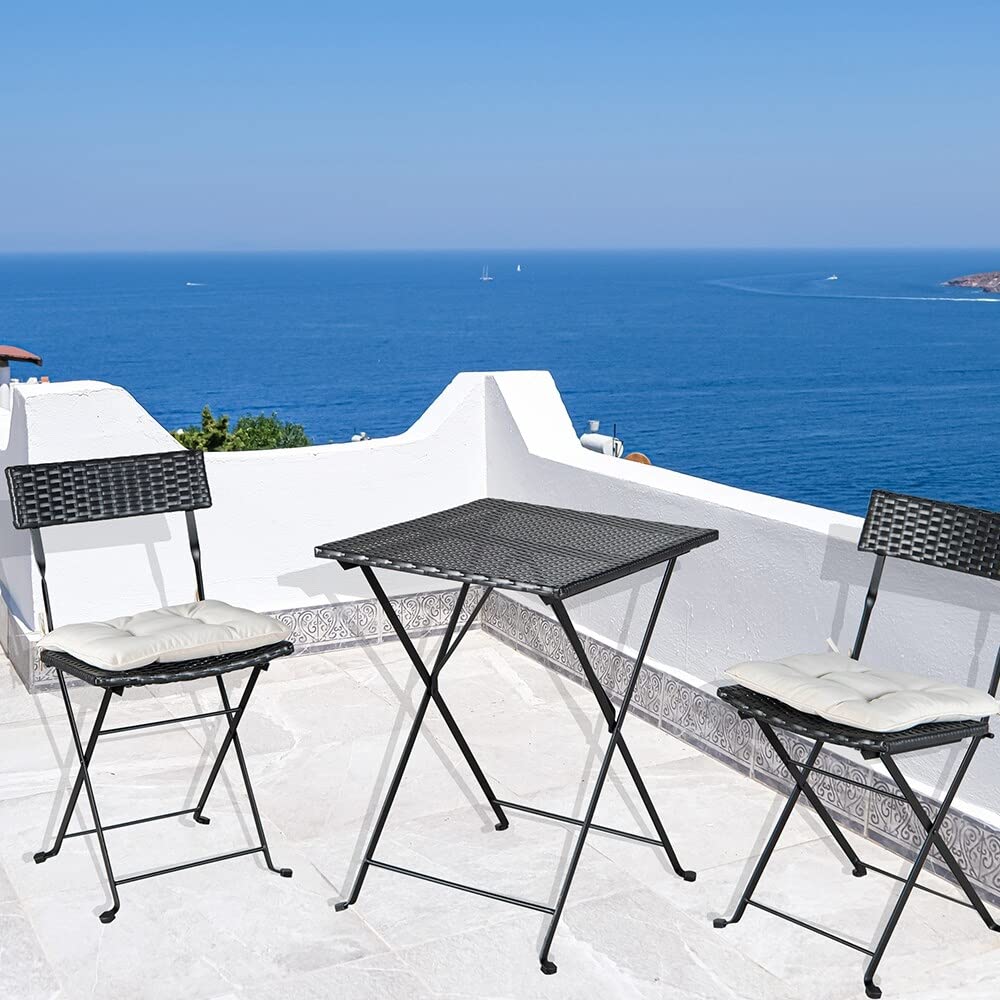 3-Piece Outdoor PE Wicker Folding Table and Chairs Set with Cushions - Black Modern Contemporary Rectangular PVC Patio Furniture for Garden, Poolside, and Backyard Relaxation