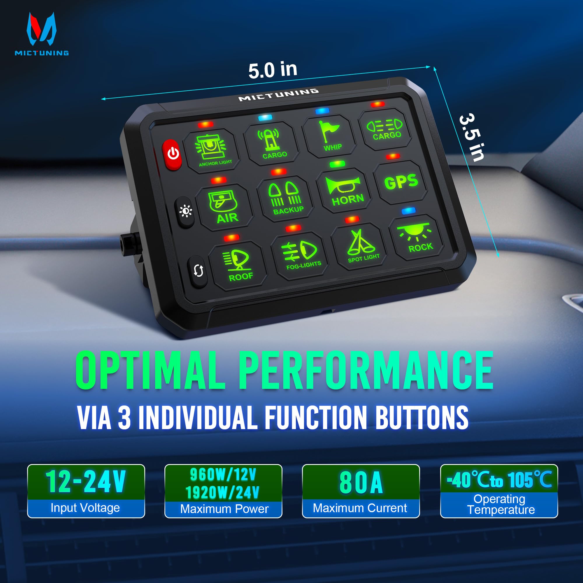 MICTUNING P1B 12 Gang Switch Panel - Multifunction Toggle Momentary Flash Strobe Pulsed with Backlit Off Switch Pod - On/Off Circuit Control Relay Box for Car, Truck, ATV, Off-Road & Marine Vehicles - Perfect for Off-Roading, Camping & Emergency Lighting - Green