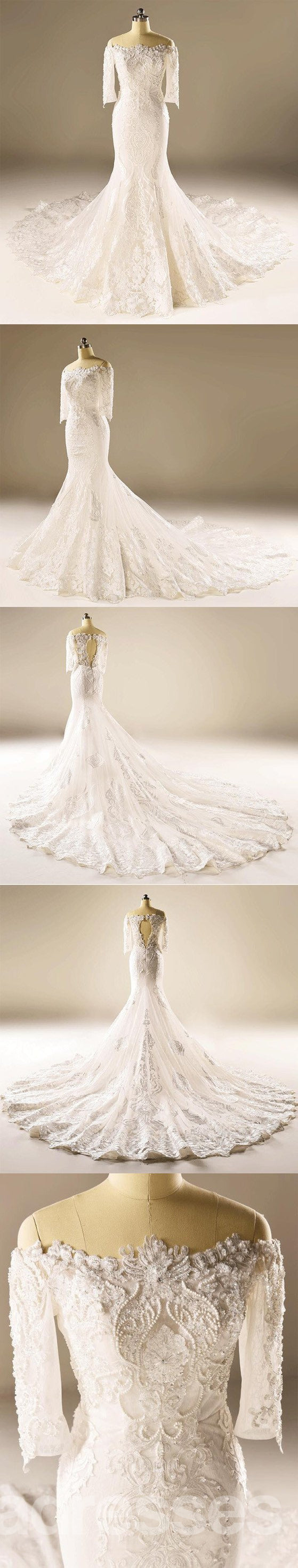 Elegant Long Sleeve Mermaid Lace Beaded Wedding Dress - Custom Made Bridal Gown WD228 | Perfect for Beach, Church & Vintage Theme Weddings