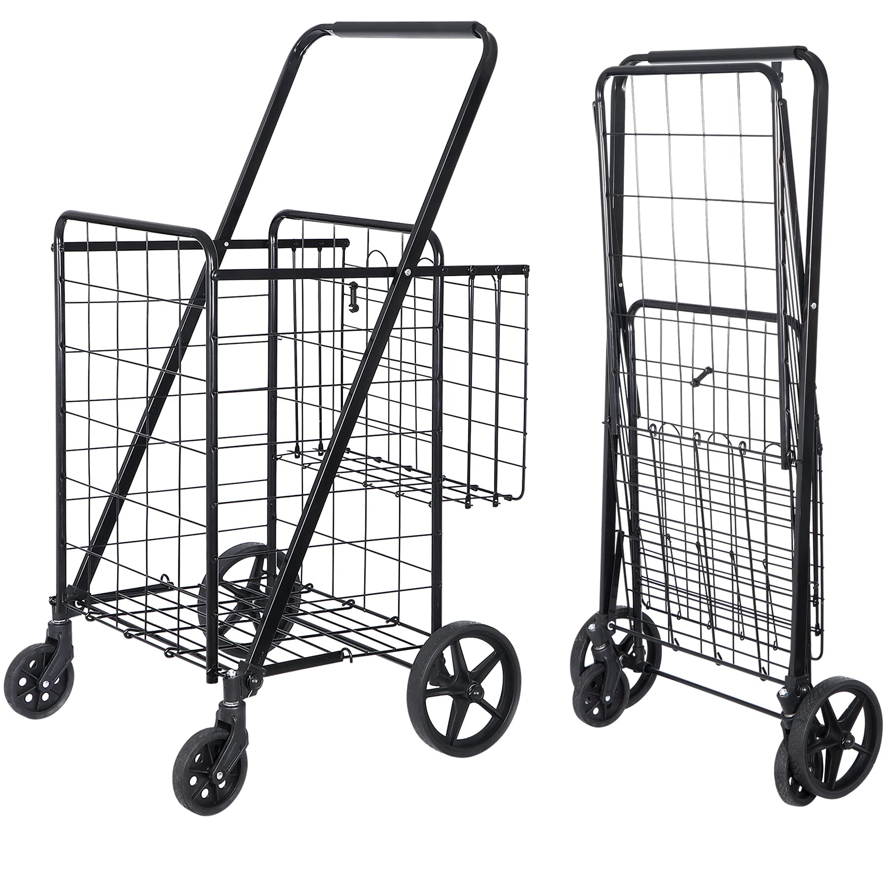 Foldable Shopping Cart with Wheels - Double Basket for Groceries & Travel