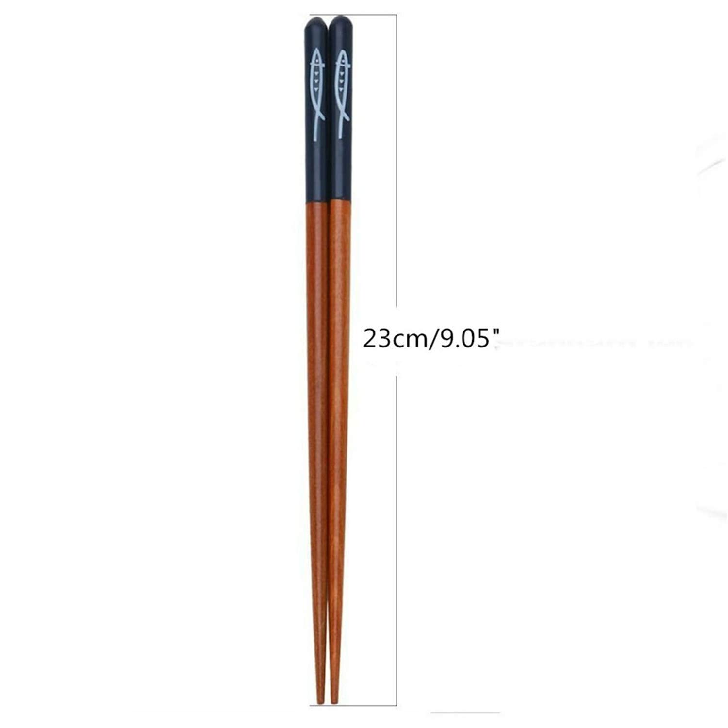 5 Pairs Traditional Japanese Wooden Chopsticks - 9 Inch Fish Pattern Reusable Non-Slip Chopsticks Set | Dishwasher Safe | Perfect for Sushi, Asian Cuisine & Home Dining
