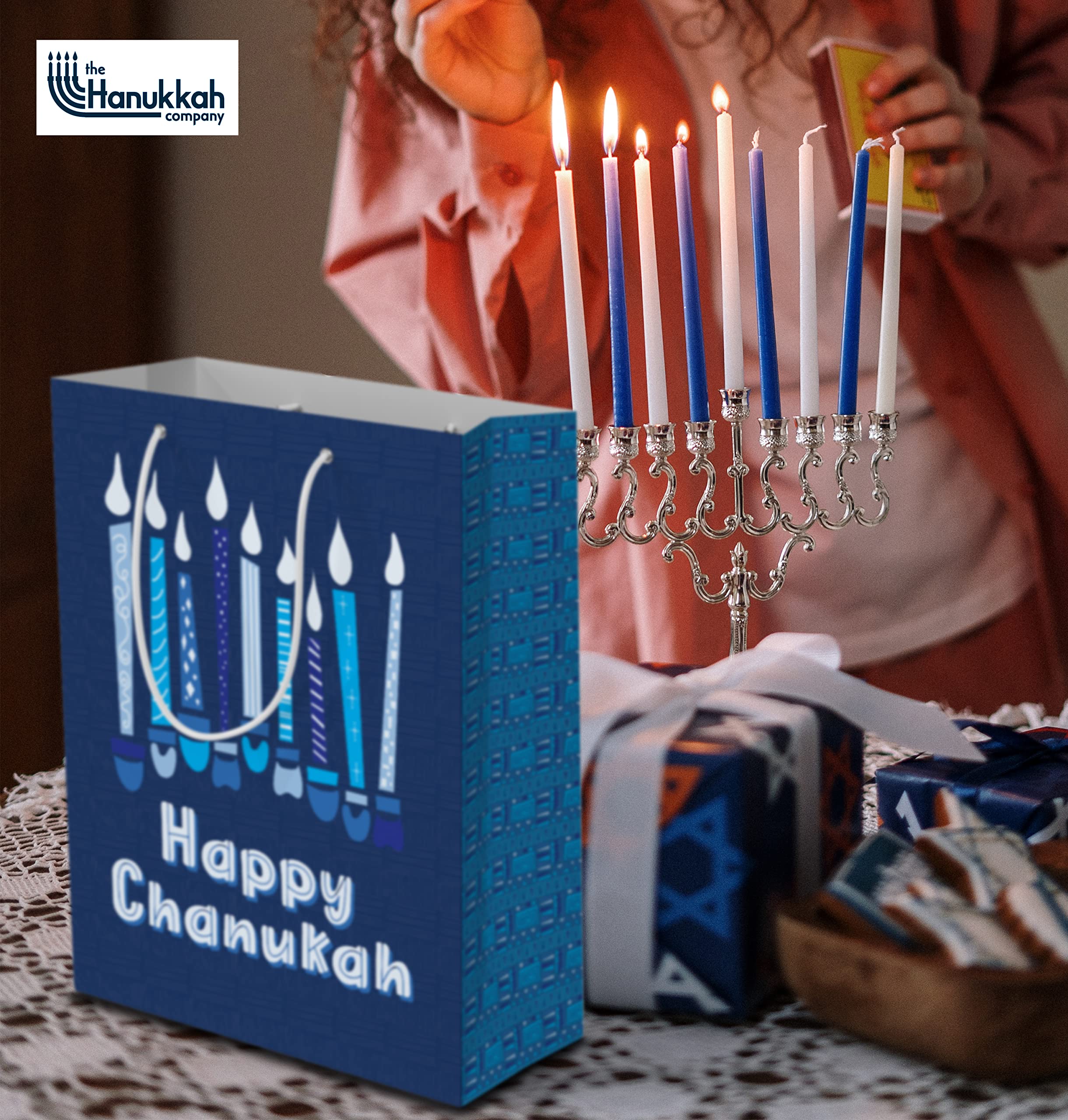 Hanukkah Gift Bags 4 Pack - Large Blue Hannukah Party Favor Bags 12x15 Inches - Chanukah Celebration Supplies for Gifts, Candles & Dreidel Game Accessories