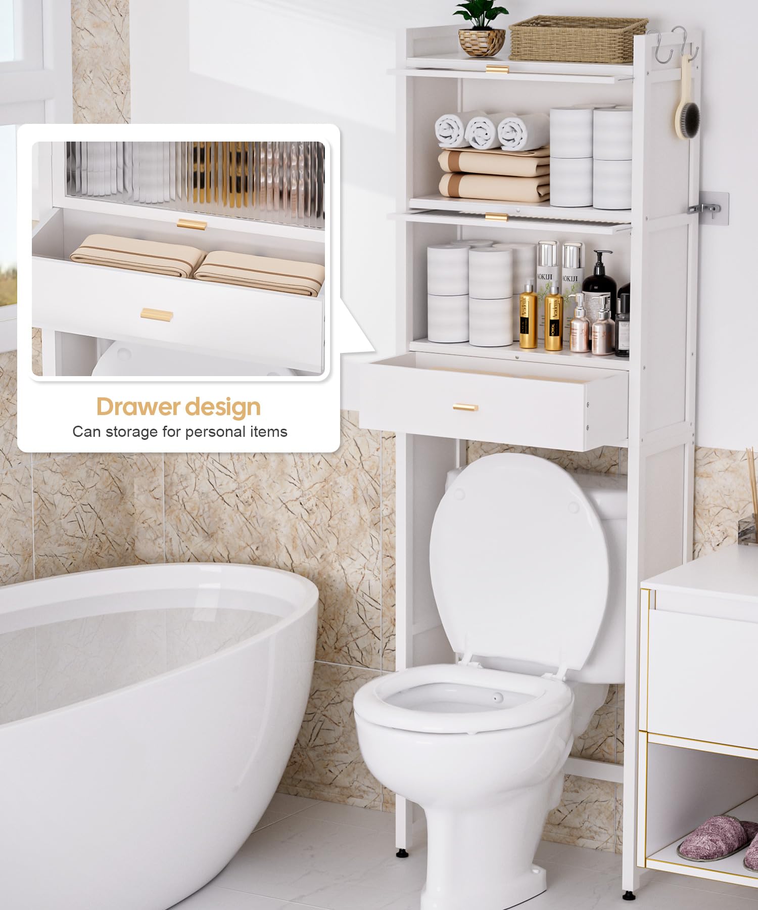 Over The Toilet Storage Cabinet with Drawer & Flip Door - Bamboo Bathroom Organizer Shelf | Anti-Tip Design, Waterproof Feet | Freestanding Space Saver for WC (White) - Perfect for Small Bathrooms & Apartment Storage Solutions