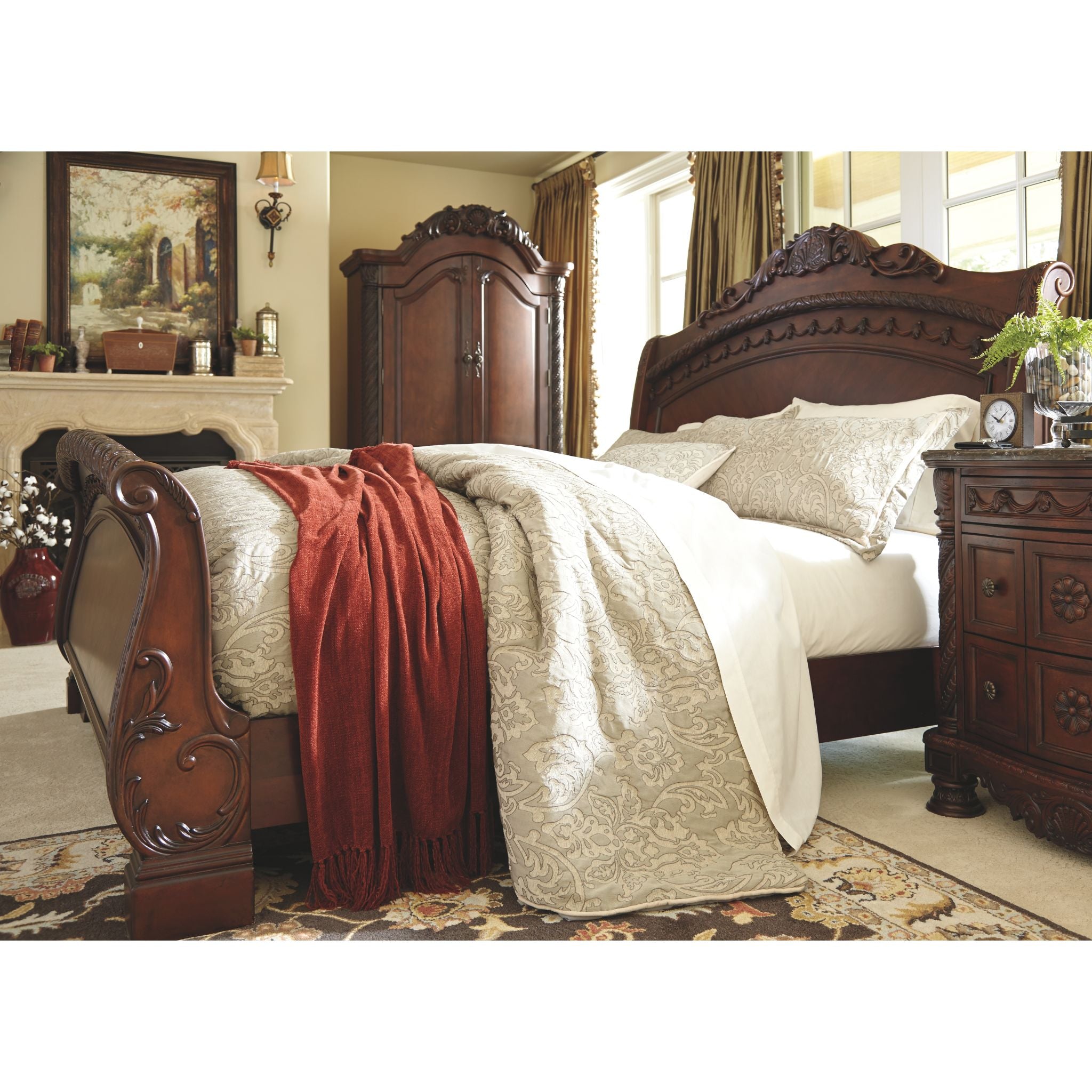 Ashley North Shore 3-Piece Sleigh Bed Set - Queen Size Wooden Bed Frame with Headboard & Footboard - Classic Elegant Bedroom Furniture for Master Suite or Guest Room