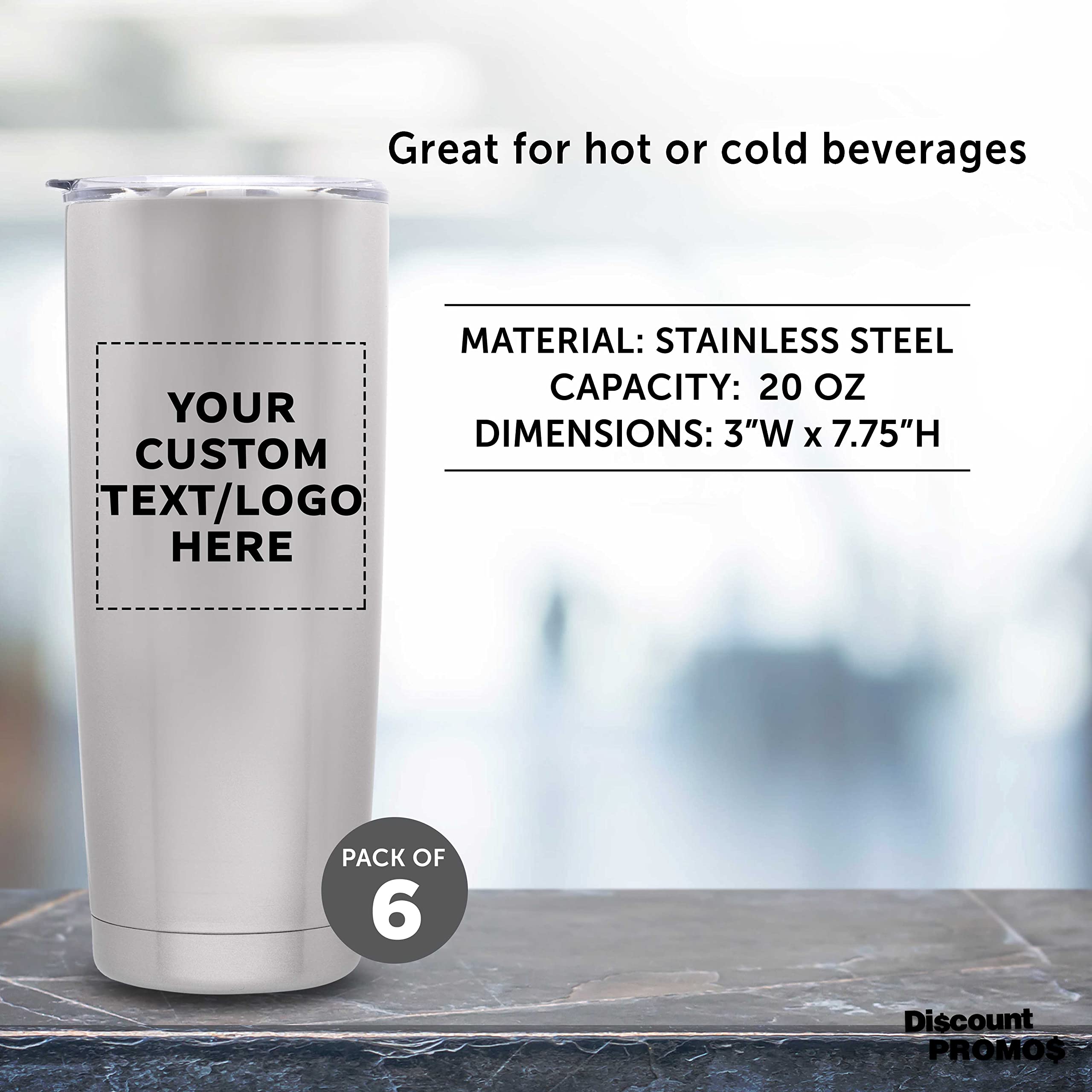 Personalized Stainless Steel Coffee Tumblers 20 oz (Set of 6) - Double Wall Vacuum Insulated Custom Pipette Design - Keeps Hot & Cold Beverages Perfect Temperature - Ideal for Coffee, Tea, Hot Cocoa, Iced Drinks - Great for Office, Travel, Camping, Gifts (Silver)