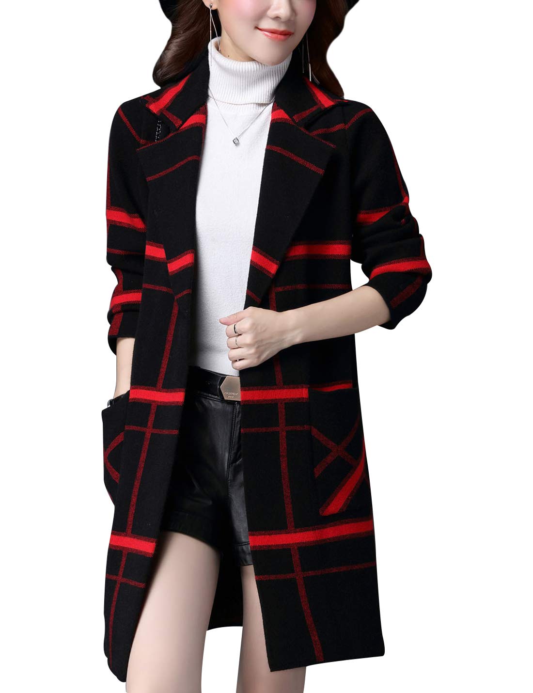 Gihuo Women's Slim Open Front Wool Blend Plaid Pea Coat - Stylish Winter Jacket for Office, Dating & Casual Outfits