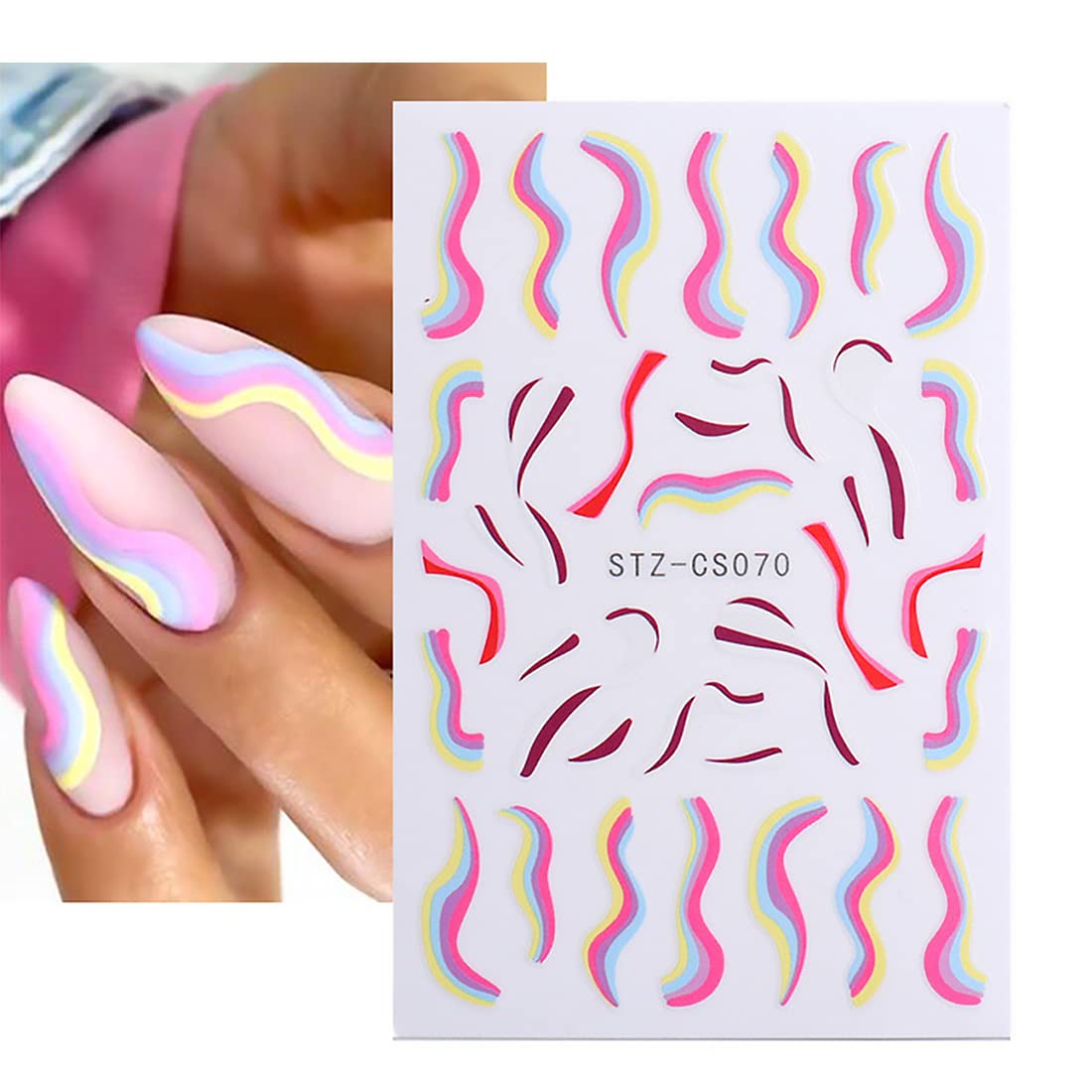 3D Blue Pink Purple Rainbow Line Nail Art Stickers - 6 Sheets Self-Adhesive Curve Stripe Design for French Manicure | Nail Decals for Parties, Weddings, Salon & DIY Nail Art Accessories