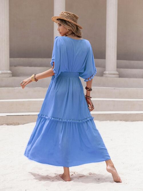 Stylish Tassel Trim Summer Dress for Women - Flowy Boho Maxi Dress with Side Slit | Perfect for Beach Vacations, Pool Parties & Summer Weddings