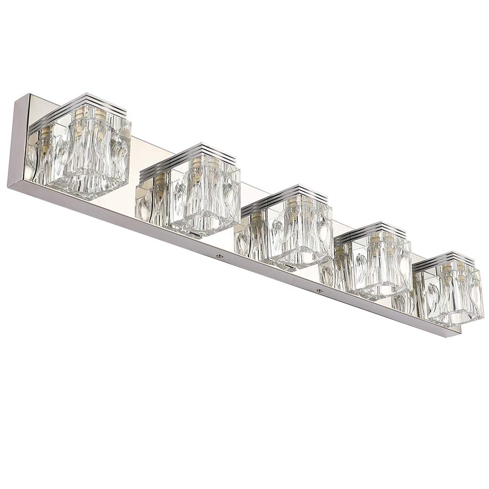 Ralbay 5-Light LED Modern Bathroom Vanity Light Fixture - Crystal Glass & Stainless Steel Design for Mirror Lighting - Perfect for Master Bath, Powder Room, and Spa-Like Vanity Areas