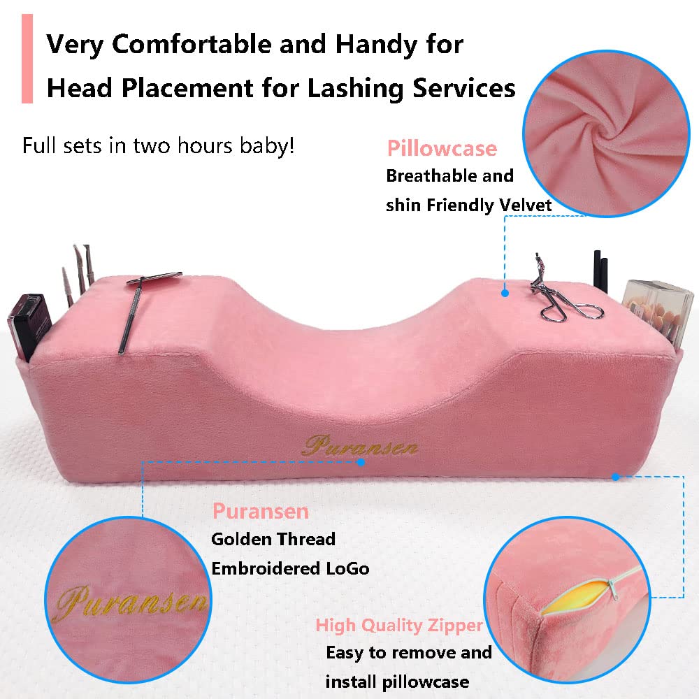Puransen Lash Extension Pillow - Soft Velvet Memory Foam Eyelash Pillow for Comfortable Lash Application, Neck Support for Eyelash Extensions & Makeup (Pink) - Perfect for Salon Professionals & Home Lash Artists