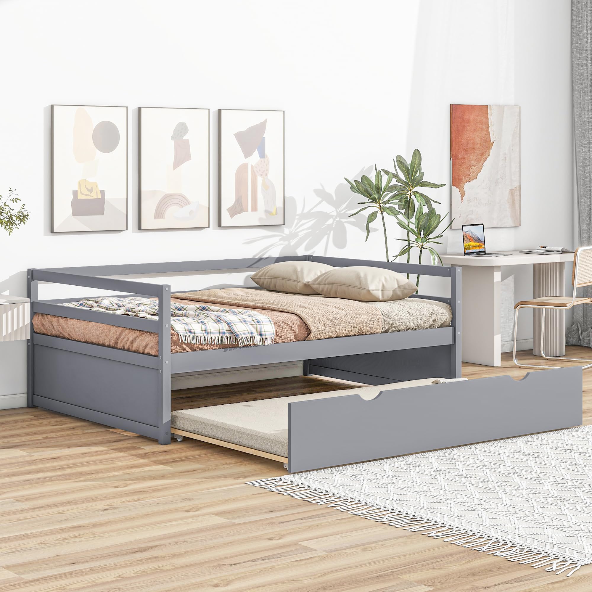 Merax Twin Size Daybed with Trundle - Solid Wood Captain's Bed Frame, Convertible Sofa Bed for Guest Room & Small Spaces (Grey) | Perfect for Home Office, Dorm Room & Studio Apartments