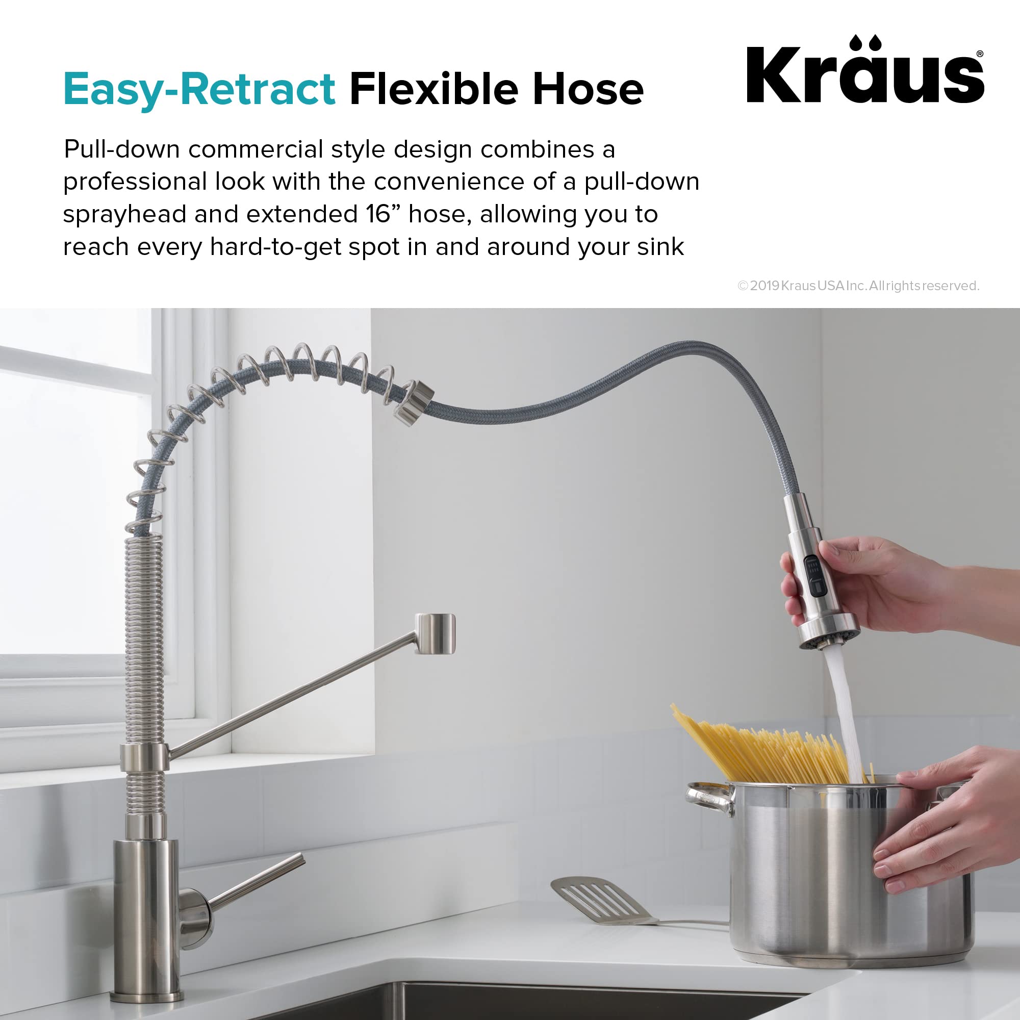 KRAUS KCA-1200 33-inch 16 Gauge Undermount Stainless Steel Kitchen Sink with 18-inch Pull-Down Commercial Style Faucet, Spot Free Finish - Perfect for Modern Home Kitchens and Restaurant-Style Cooking Spaces