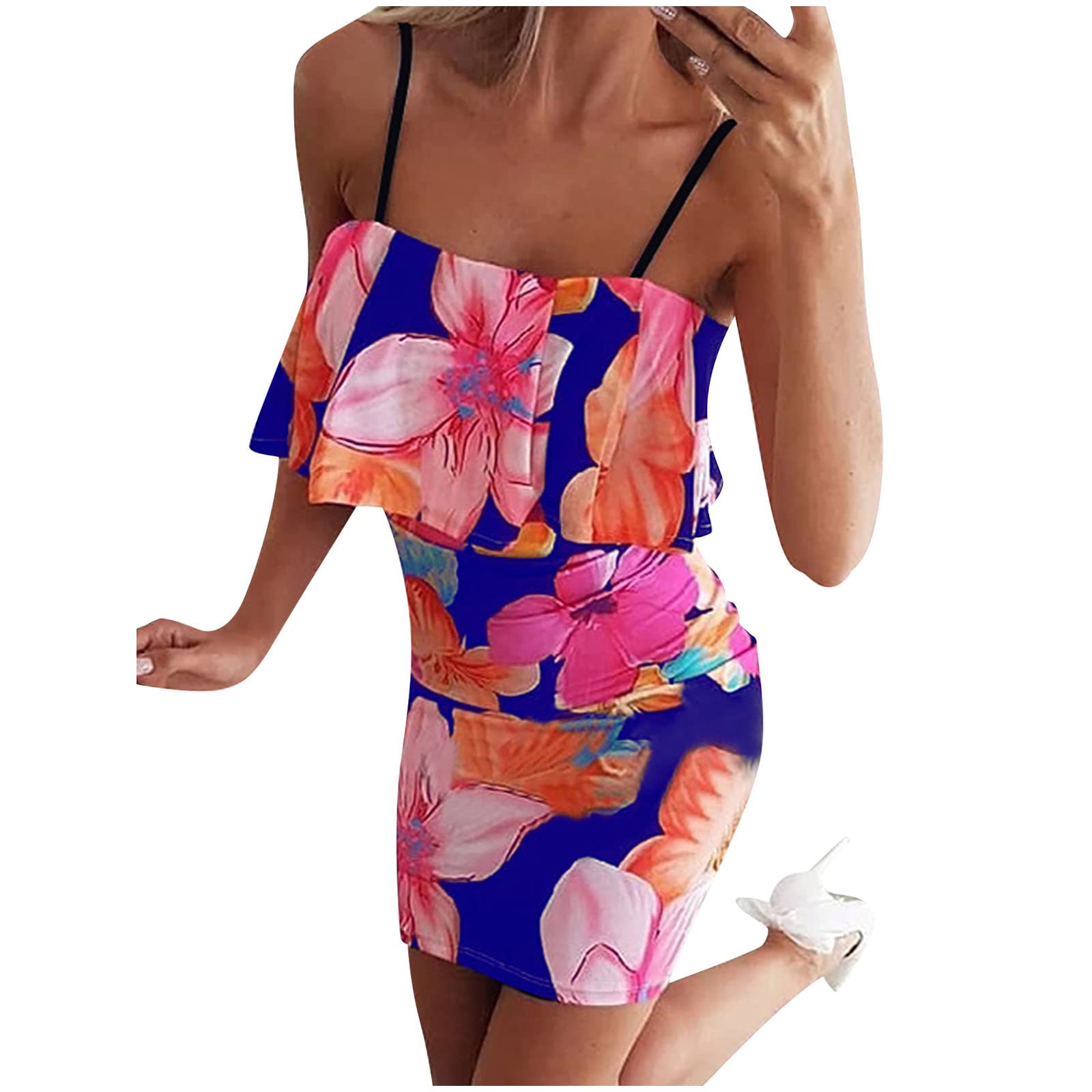 BONIXOOM Women's Sexy Floral Print Sling Dress - Summer Sleeveless Bodycon Tank Dress with Ruffles for Nightclub, Party & Date Night