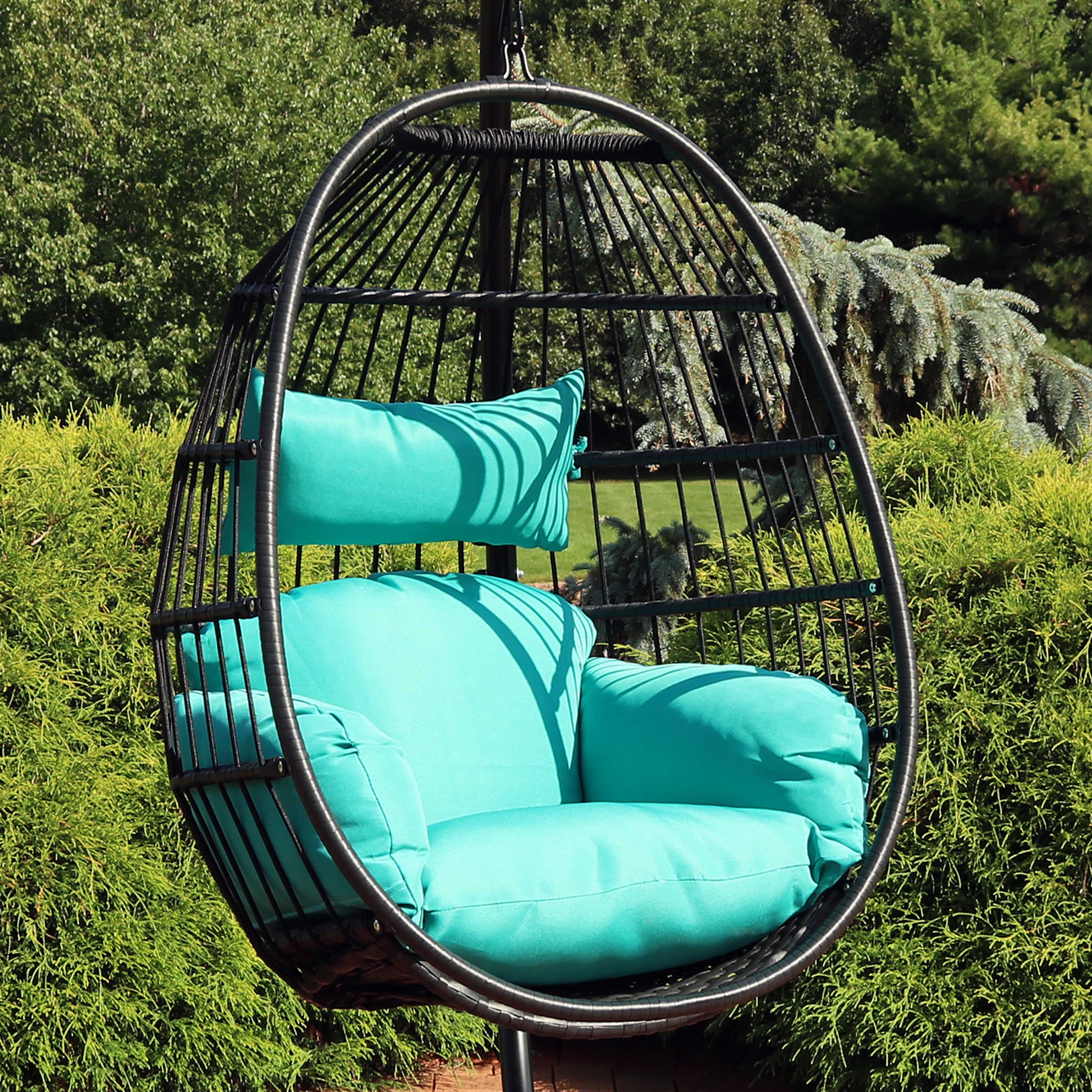 Sunnydaze Dalia Outdoor Hanging Egg Chair with Comfortable Seat Cushions - Perfect for Patio, Garden, Backyard Relaxation & Boho Decor