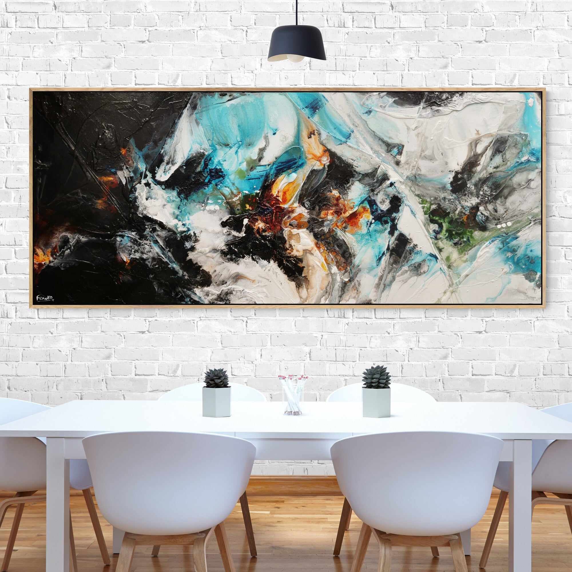 240cm x 100cm Teal Black White Textured Abstract Canvas Wall Art - Modern Home Decor for Living Room, Bedroom & Office | Large Contemporary Painting
