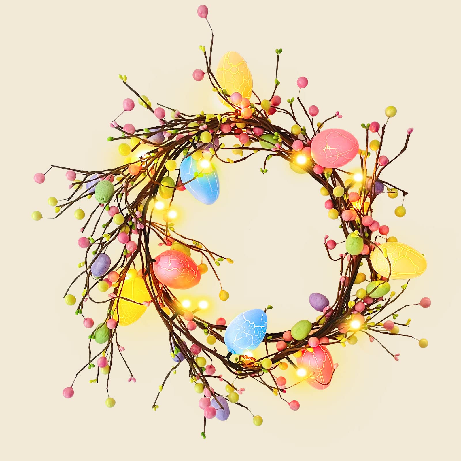Easter Garland Decor - Faux Spring Vine with LED Egg Lights & Rattan for Mantle, Arch, Fireplace - Artificial Egg Garland with Colored Berries - Indoor Home Spring Holiday Party Decorations (Perfect for Easter Celebrations, Spring Weddings & Festive Home Decor)
