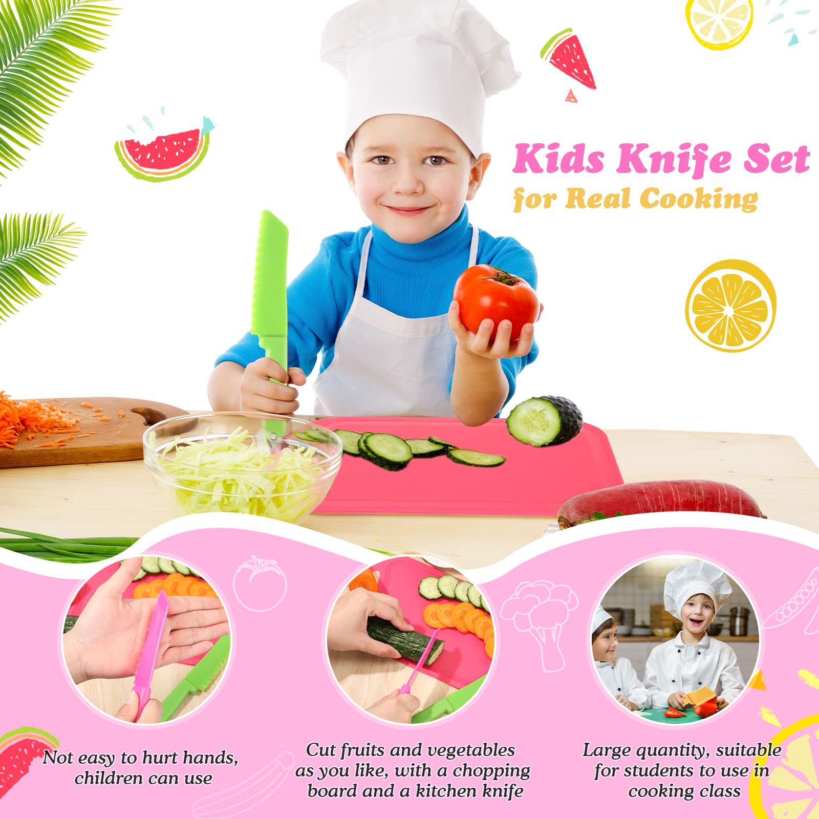 Yinkin 20-Piece Kids Plastic Knife Set with Cutting Board - Safe Toddler Cooking Tools (10 Child-Safe Knives + 10 Chopping Boards) - Perfect for Preschool Cooking Club, Home Kitchen Learning & Montessori Activities