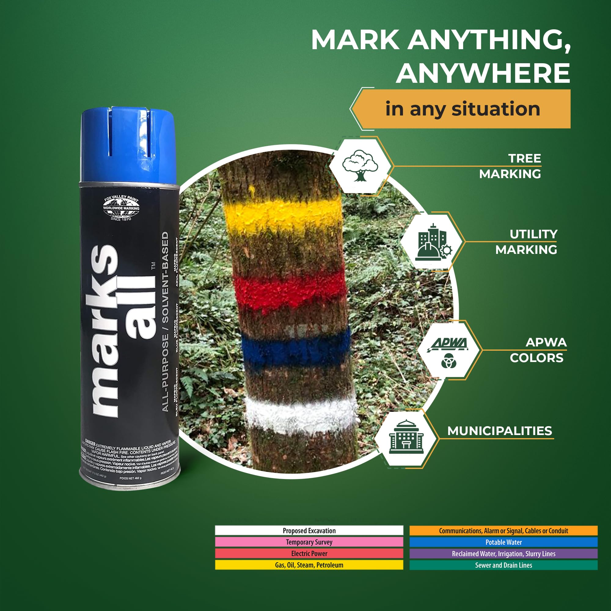 Fox Valley Marks All Utility Marking Paint Spray Can - 18 oz (Pack of 12) Blue Fluorescent - Easy Use for Tree, Lawn, Driveway, Parking Lot & Grass Marking - Perfect for Landscaping, Construction & Property Maintenance