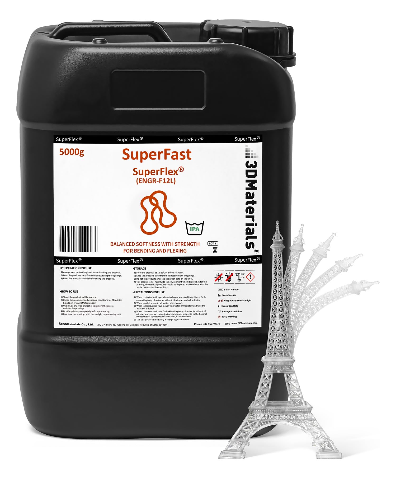 SuperFlex 80A Flexible 3D Printer Resin - 5000g Clear Rubber-Like Filament | High Elasticity Photopolymer Resin for Cosplay, Prosthetics & Functional Prototypes | Premium Korean-Made 3D Printing Material by 3DMaterials