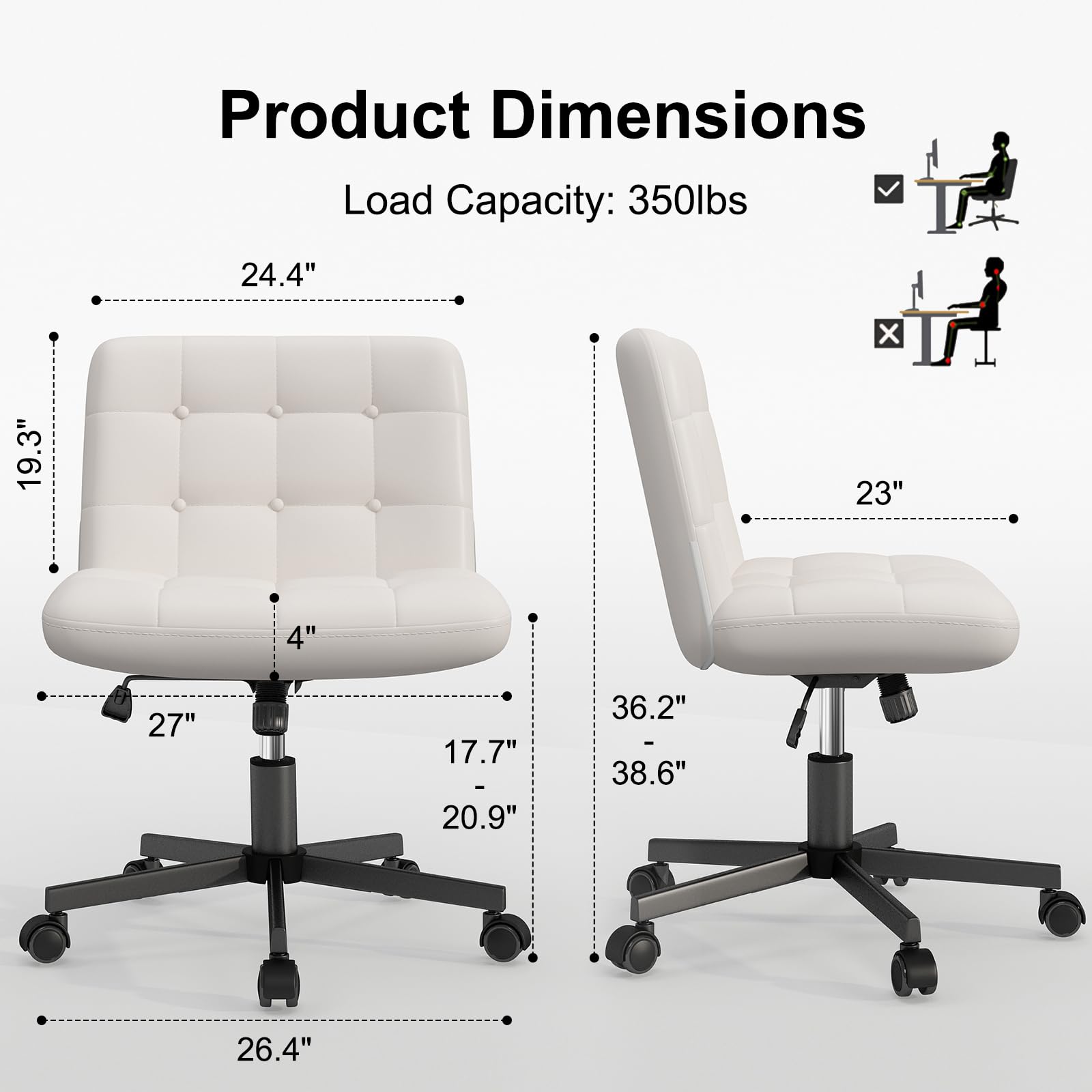 White PU Leather Swivel Office Chair with Wheels - Adjustable Height Criss Cross Leg Design Armless Computer Desk Chair for Home Office, Perfect for Working, Gaming & Vanity Dressing