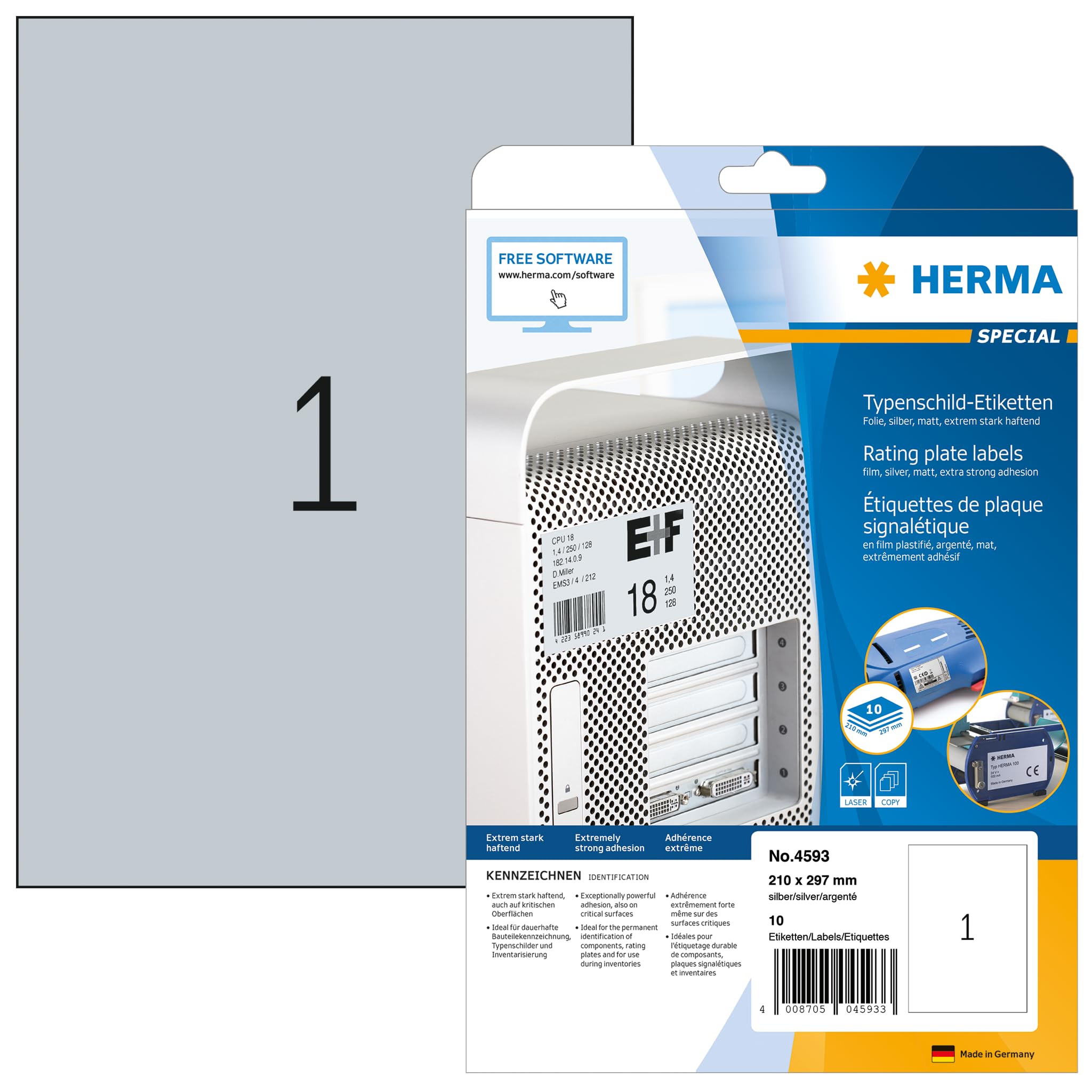 Herma 4593 Self Adhesive Name Plate Film Labels - 10 Sheets (1 Label per A4 Sheet, 210x297mm) - Weatherproof Metallic Silver Stickers for Laser & Inkjet Printers - Perfect for Office Organization, Product Labeling & Industrial Use