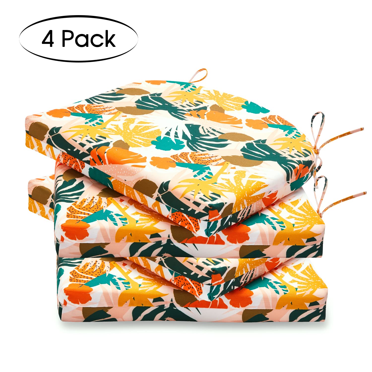 Premium Outdoor Chair Cushions Set of 4 - Water Resistant Patio Furniture Cushions with Secure Ties (17x16x2 Inch) - Colorful Leaf Pattern - Perfect for Garden, Deck, Poolside & Patio Relaxation