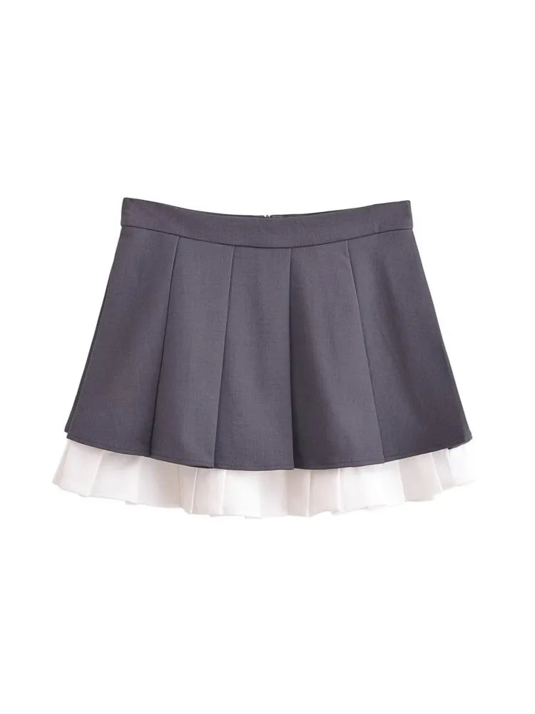 BlingBlingee Women's Summer Sleeveless Crop Top & Pleated Mini Skirt Set - Y2K Grey Patchwork Outfit for Casual Wear, Beach Vacation & Street Style Fashion