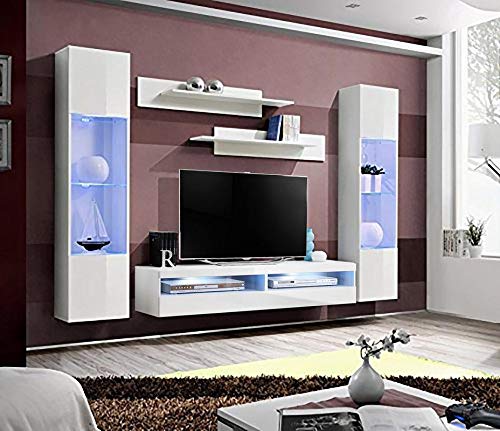 Modern White Wall-Mounted TV Stand with Storage Shelves & LED Lights - 35