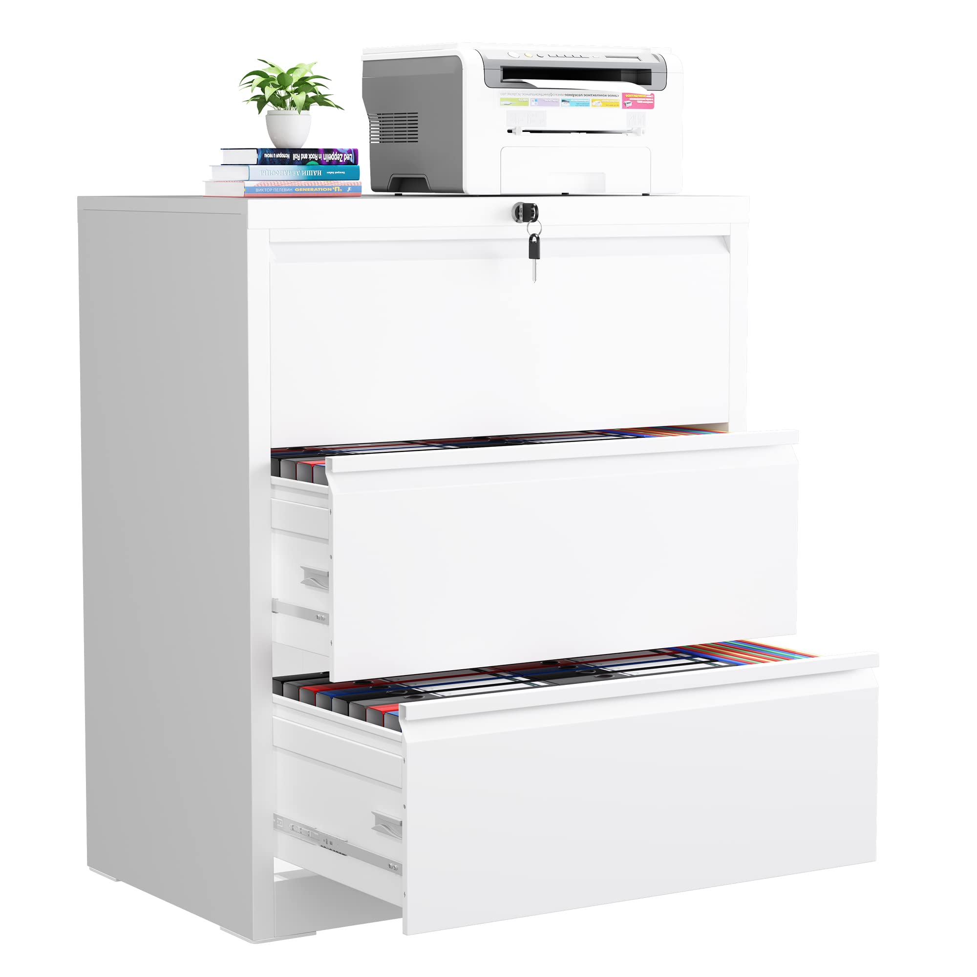 Locking Lateral File Cabinet with Key - Metal Steel Office File Drawers for Legal/Letter/A4/F4 Documents - Secure Horizontal Filing Cabinet for Home & Office Organization
