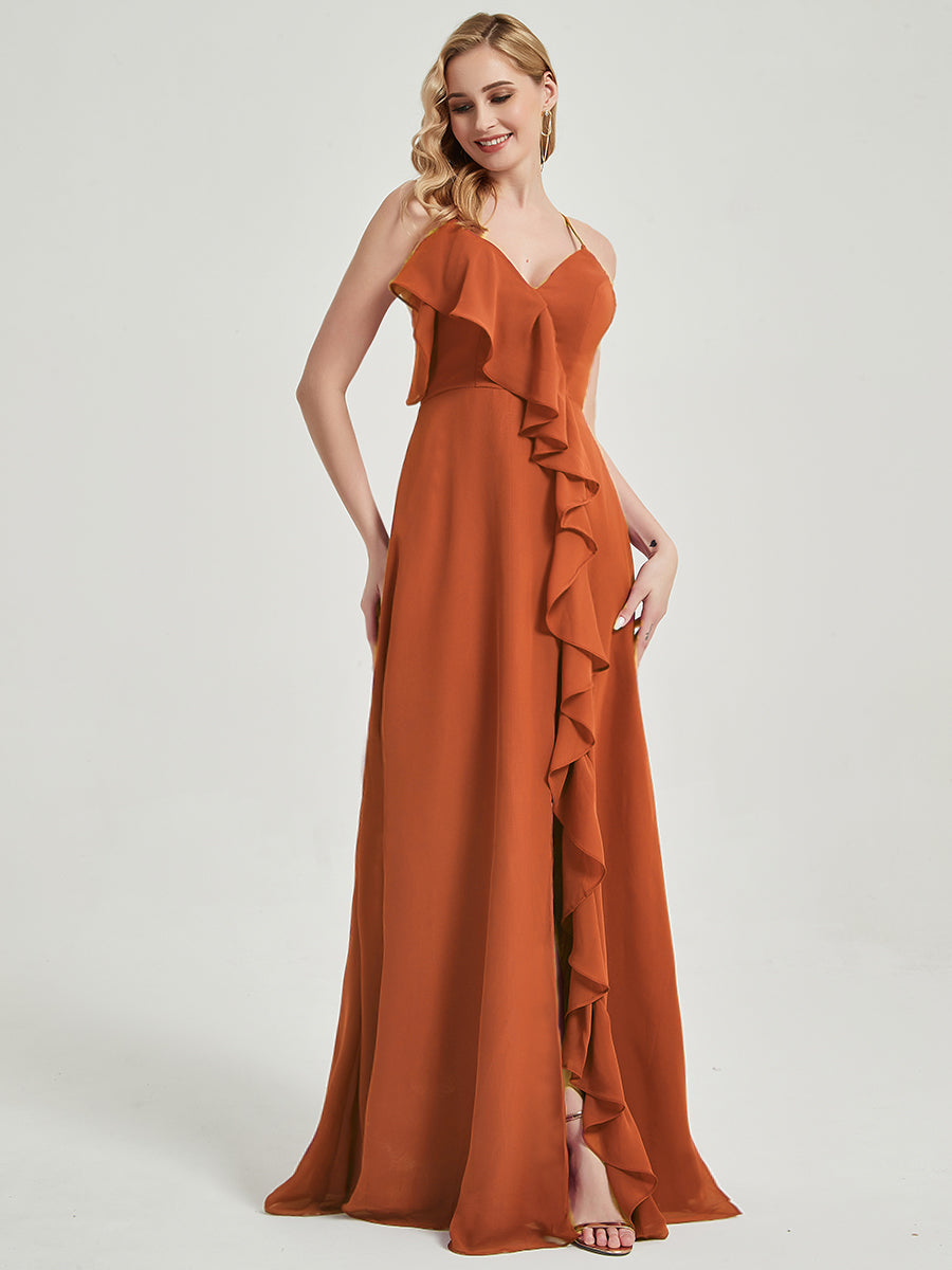 Elegant Blush Pink Criss Cross Straps Ruffled Chiffon Maxi Dress for Bridesmaids - Perfect for Weddings, Parties & Formal Events