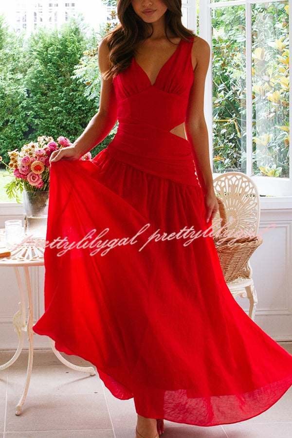 Elegant Solid Color V-Neck Waist Hollow Slim Maxi Dress for Women - Perfect for Summer Beach, Party & Evening Occasions