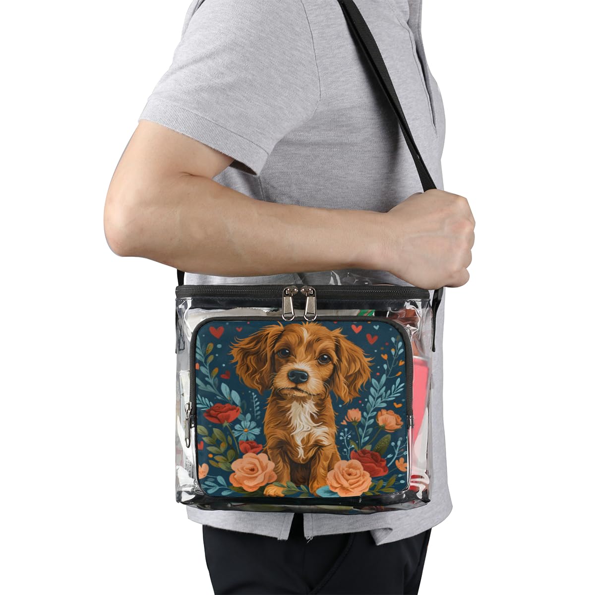 Valentine's Day Clear Tote Bag with Handles - Transparent Crossbody Shoulder Bag for Dog Lovers | Perfect for Lunch, Outdoor Travel, Picnic, Concerts & Sports Events | Stadium Approved Multi-Purpose Purse