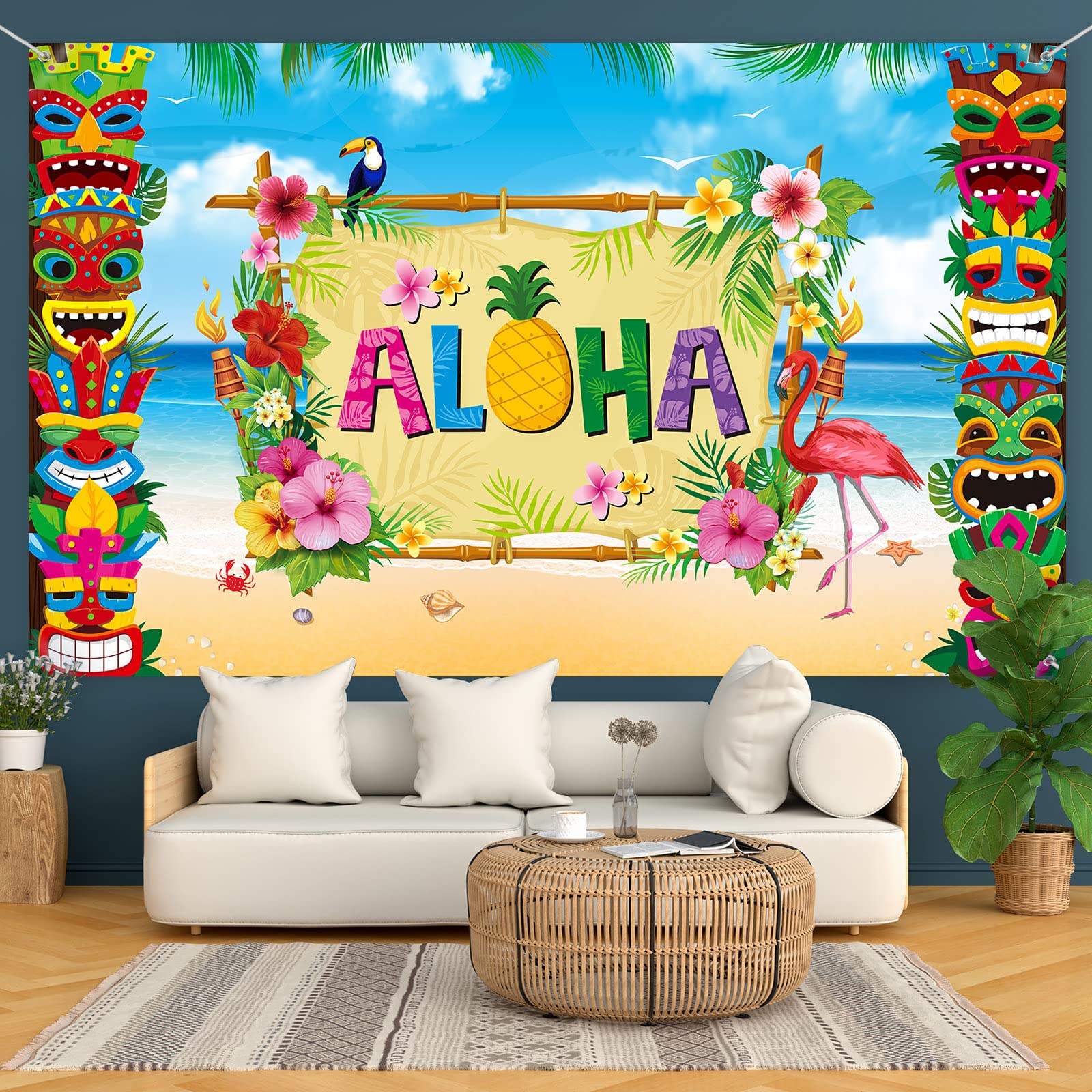 Hawaiian Party Decorations - 43.3 x 72.8 Inch Tiki Backdrop for Beach Luau, Aloha Banner & Photo Props - Perfect for Tropical Themed Parties, Baby Showers & Summer Events