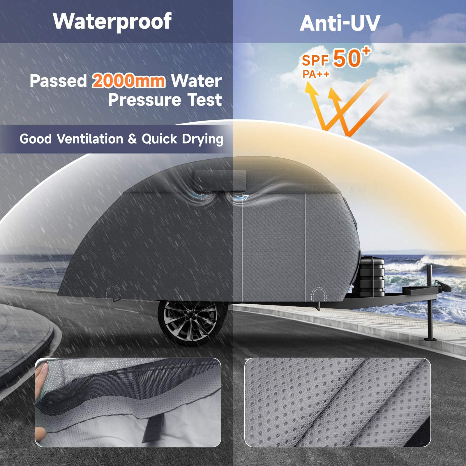 Heavy Duty 7-Layer Teardrop Camper Cover for 12'-15' Trailers - Windproof Strap RV Trailer Cover for Outdoor Camping & Travel Protection
