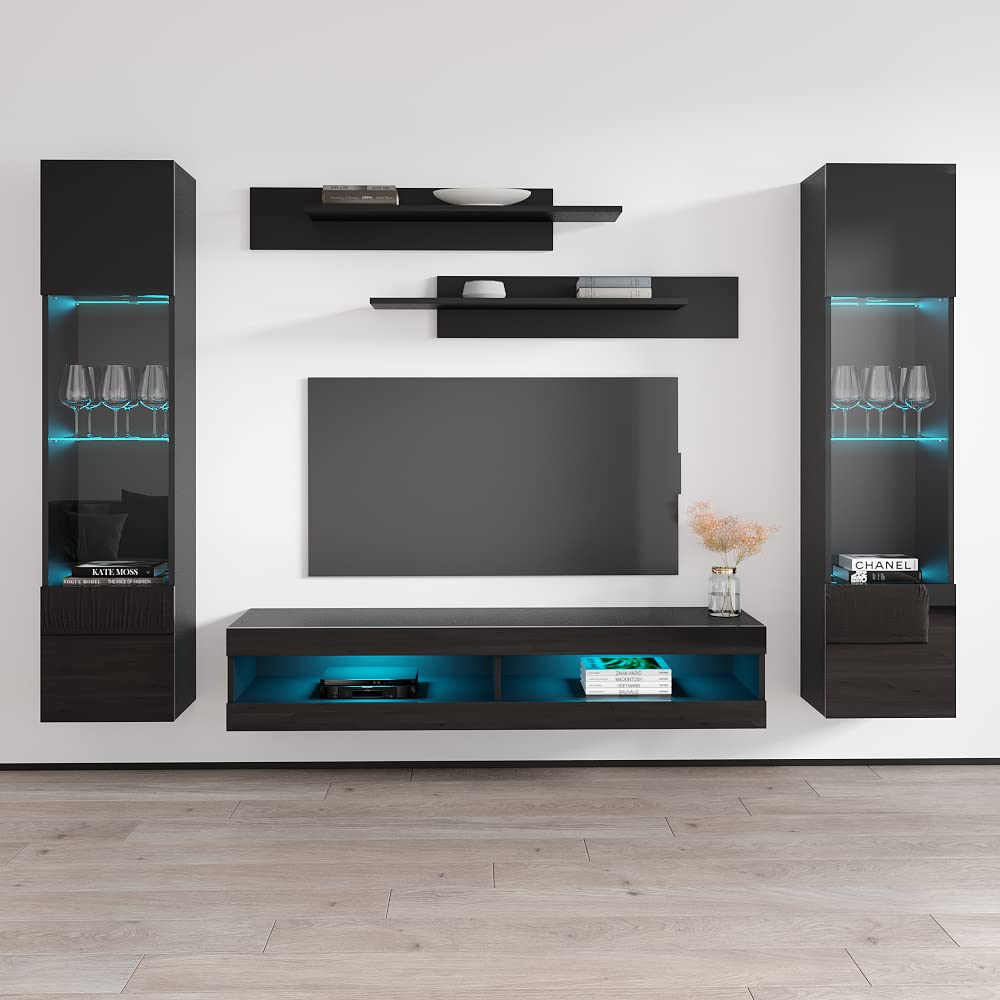 Modern Wall-Mounted TV Stand with Storage Shelves & LED Lights - Slim Entertainment Center Console for Bedroom & Living Room - Space-Saving TV Cabinet with Adjustable Shelves - Perfect for Home Theater Setup & Small Spaces (Black)