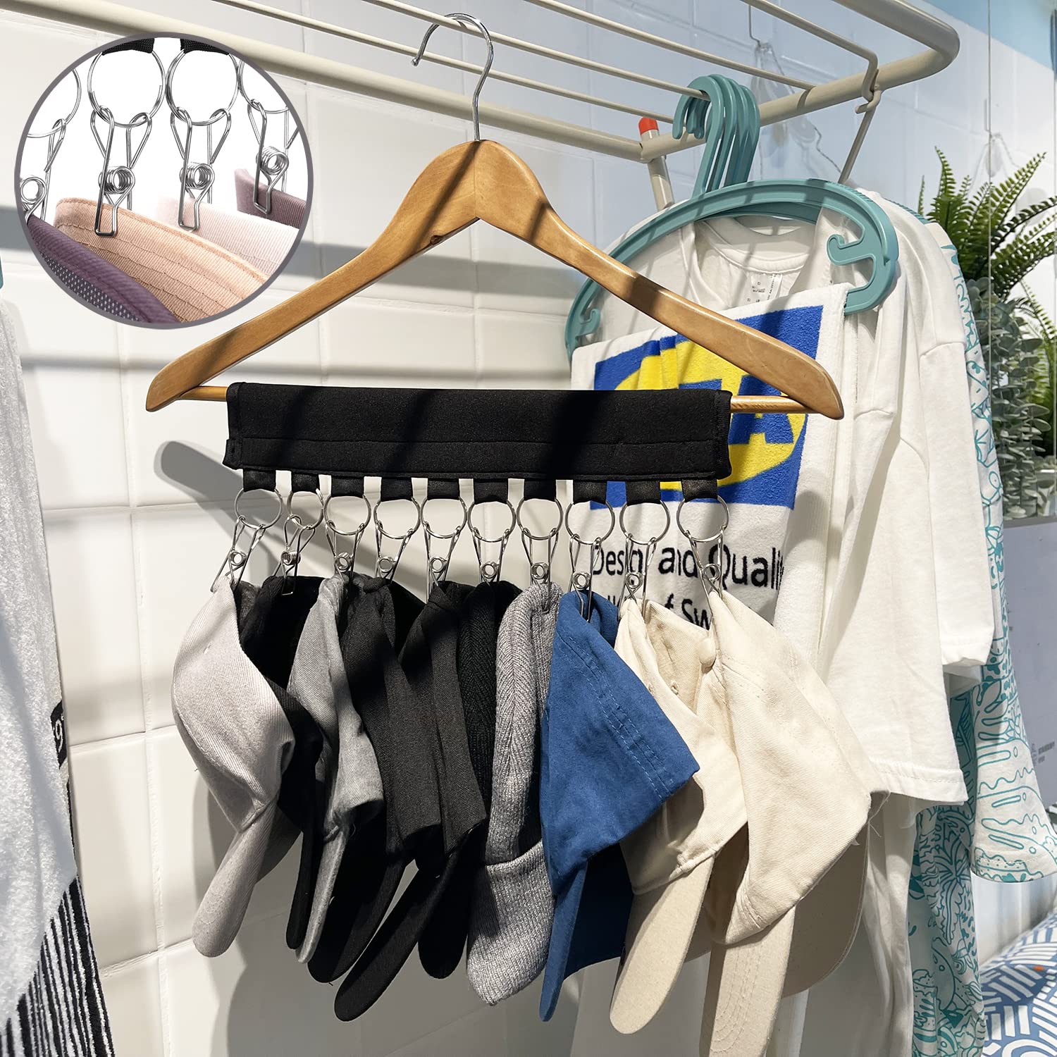 Baseball Cap Organizer - 2 Pack Black Hat Hanger for Closet with 10 Large Holder Clips | Perfect for Hat Storage, Display & Organization in Bedroom, Closet or Entryway