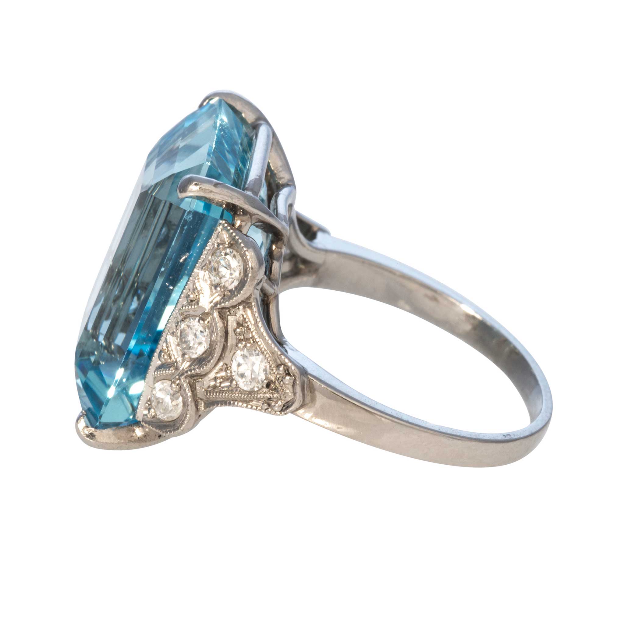 Vintage 11 Carat Emerald Cut Aquamarine & Diamond Platinum Ring - Elegant Engagement, Wedding, Anniversary Jewelry Gift for Her